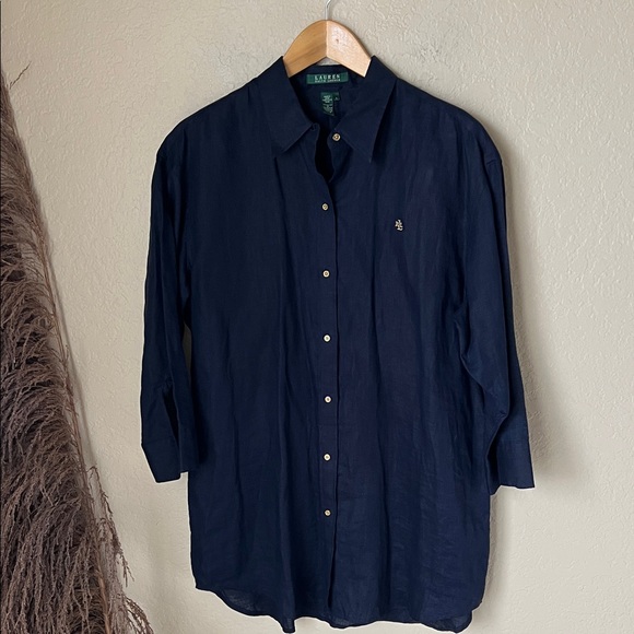 Ralph Lauren navy blue linen button down tunic top - Picture 2 of 8
